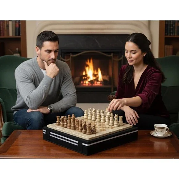 Handmade Marble Chess Set Brown chess Board & Pieces storage box Christmas gift - Picture 5 of 16